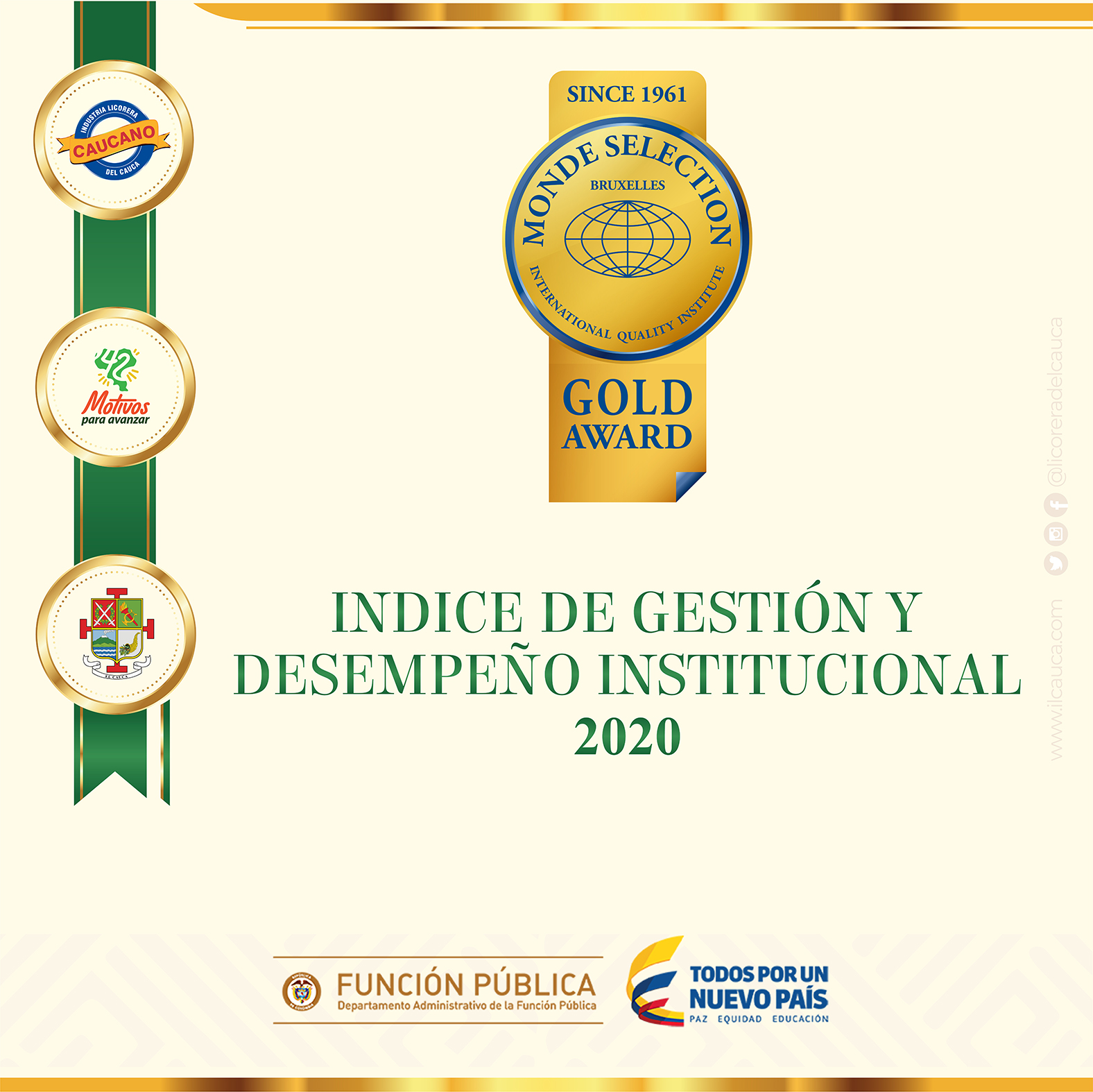 Industria licorera del Cauca ocupa el primer lugar entre las licoreras del país, en el índice General de Desempeño Institucional, vigencia 2020